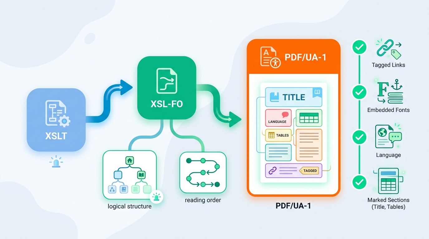 Workflow van XSLT via XSL-FO naar een gestructureerd PDF/UA-1-document.