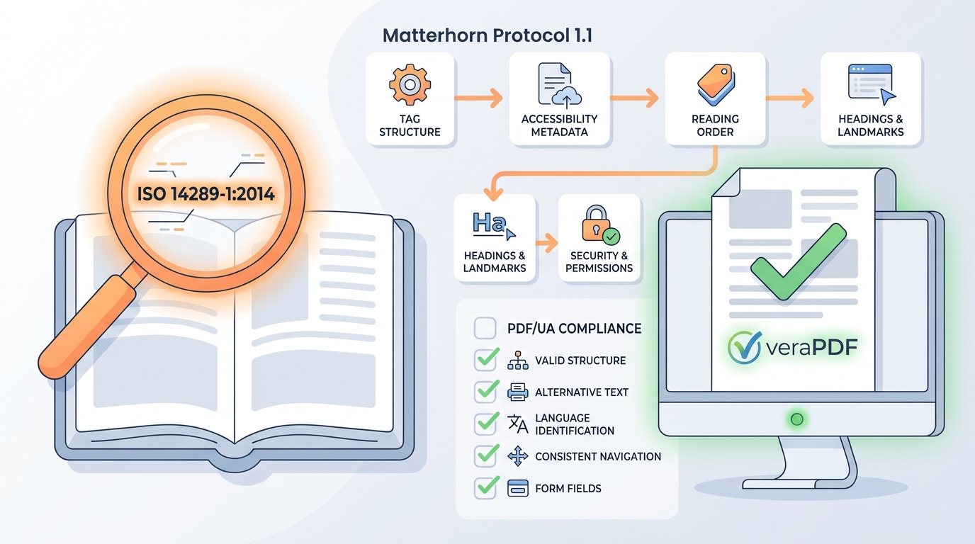 ISO 14289-1, het Matterhorn Protocol en veraPDF als bronnen voor PDF/UA-controle.
